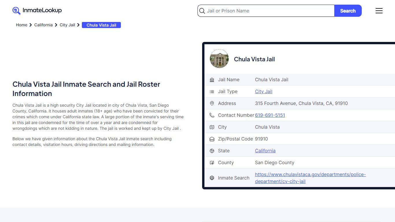 Chula Vista Jail Inmate Search and Jail Roster Information - Inmate Lookup